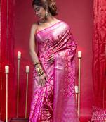 Banarasi chanderi silk saree in magenta color with full work zari jall and motifs
