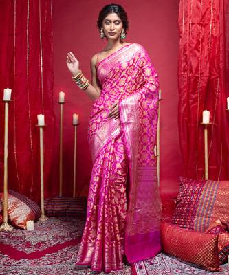 Banarasi chanderi silk saree in magenta color with full work zari jall and motifs 2