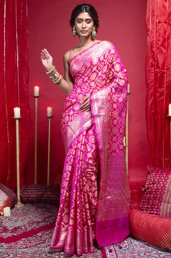 Banarasi chanderi silk saree in magenta color with full work zari jall and motifs