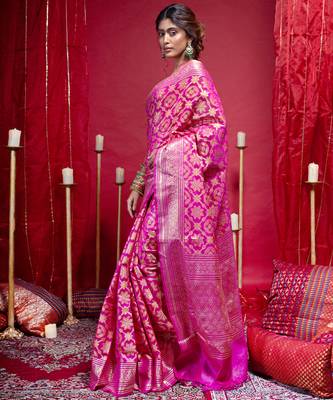 Banarasi chanderi silk saree in magenta color with full work zari jall and motifs 3