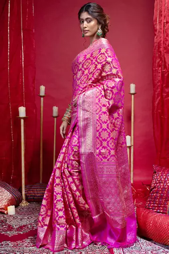 Banarasi chanderi silk saree in magenta color with full work zari jall and motifs
