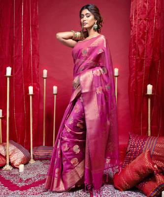 Banarasi kora organza silk saree in magenta color with copper zari floral motifs 3
