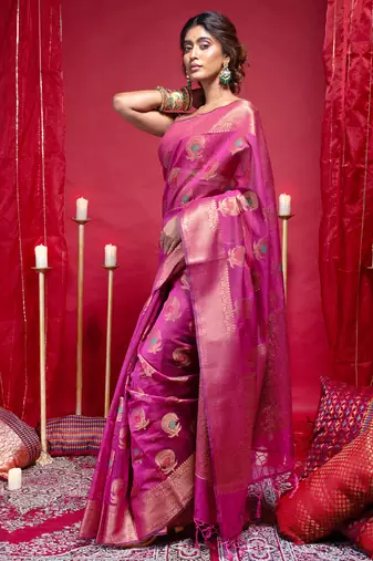 Banarasi kora organza silk saree in magenta color with copper zari floral motifs