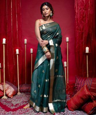 Banarasi kora organza saree in green color with triangle zari motifs and border 2