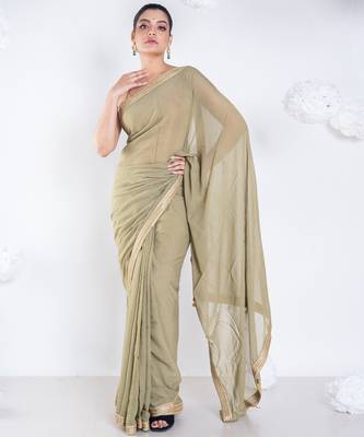 Georgette saree with olive green color with golden embroidered border 1
