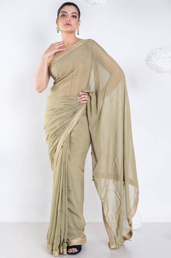 Georgette saree with olive green color with golden embroidered border