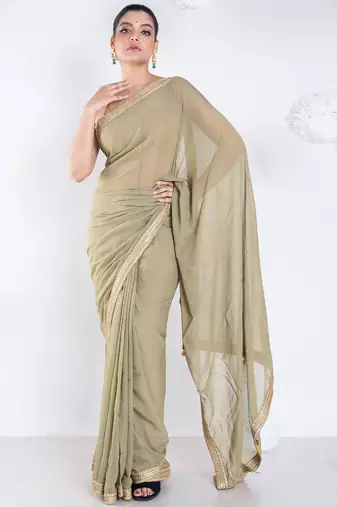 Georgette saree with olive green color with golden embroidered border
