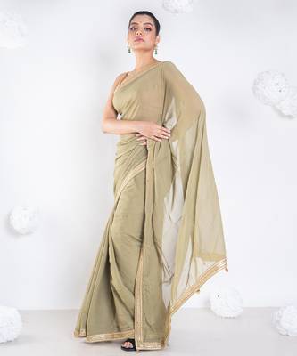 Georgette saree with olive green color with golden embroidered border 3