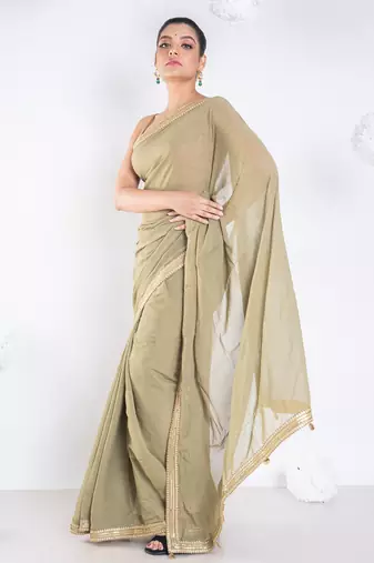 Georgette saree with olive green color with golden embroidered border