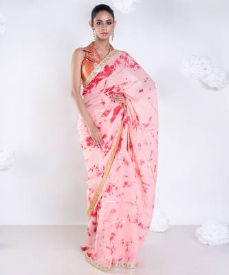 Georgette saree in red and pink tie n dye with gota and golden zari border 1