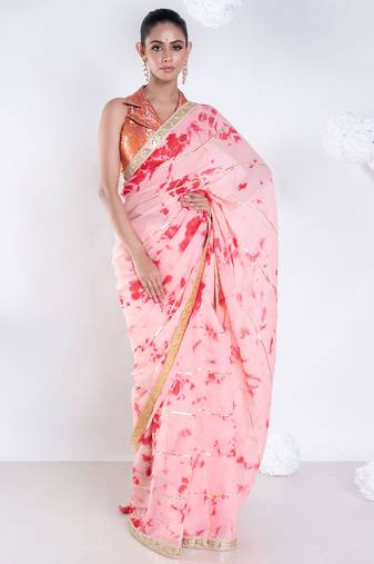 Georgette saree in red and pink tie n dye with gota and golden zari border