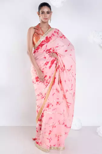 Georgette saree in red and pink tie n dye with gota and golden zari border