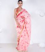 Georgette saree in red and pink tie n dye with gota and golden zari border