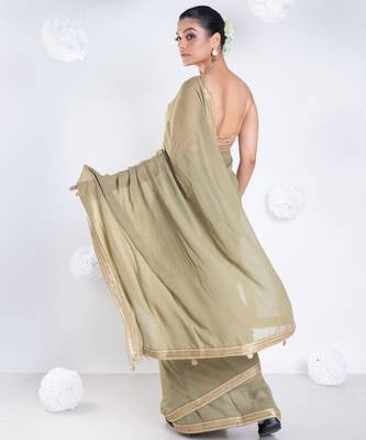 Georgette saree with olive green color with golden embroidered border 4