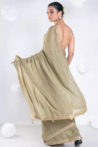 Georgette saree with olive green color with golden embroidered border