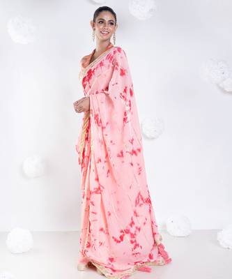 Georgette saree in red and pink tie n dye with gota and golden zari border 2
