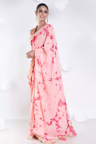 Georgette saree in red and pink tie n dye with gota and golden zari border