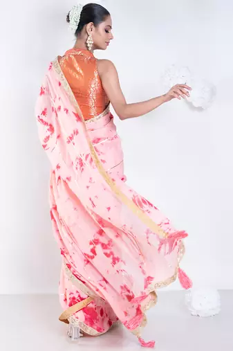 Georgette saree in red and pink tie n dye with gota and golden zari border