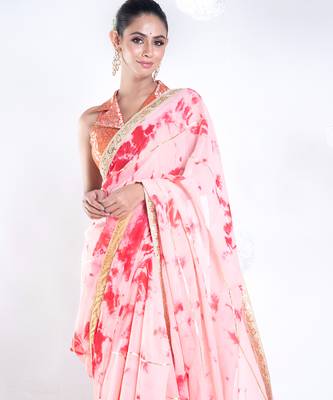 Georgette saree in red and pink tie n dye with gota and golden zari border 4
