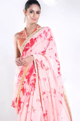Georgette saree in red and pink tie n dye with gota and golden zari border