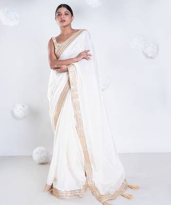 Habutai silk saree with ivory color with golden embroidered border 1