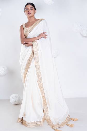 Habutai silk saree with ivory color with golden embroidered border