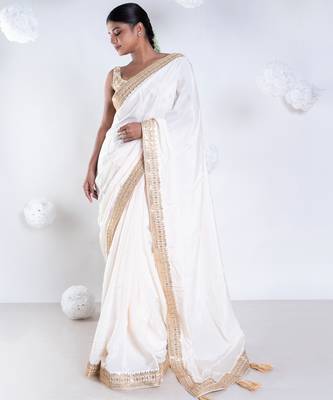 Habutai silk saree with ivory color with golden embroidered border 2