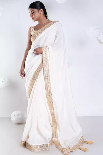 Habutai silk saree with ivory color with golden embroidered border