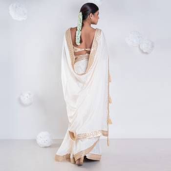 Habutai silk saree with ivory color with golden embroidered border 3