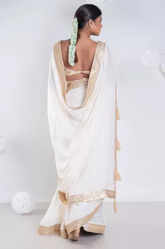 Habutai silk saree with ivory color with golden embroidered border