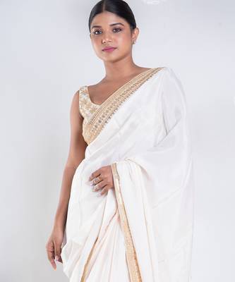 Habutai silk saree with ivory color with golden embroidered border 4