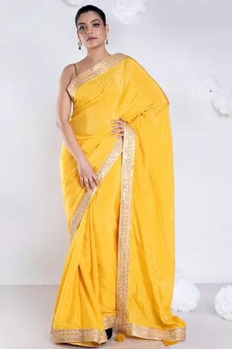 Habutai silk saree with yellow color with golden embroidered border