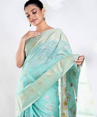 Banrasi kora organza saree in green color with multicolor abstract motifs and zari border 4