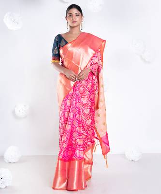 Banarasi kora cotton in sunset pink saree with patola elephant motis and contrasting border 1