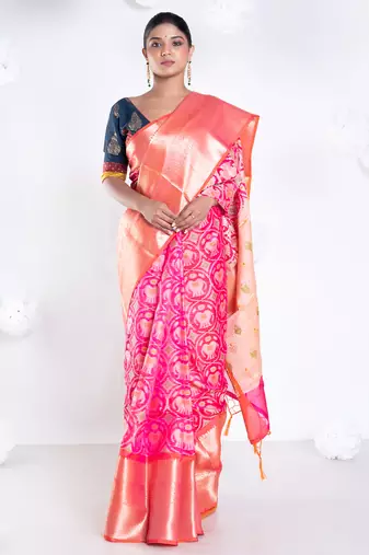 Banarasi kora cotton in sunset pink saree with patola elephant motis and contrasting border