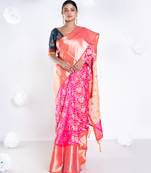 Banarasi kora cotton in sunset pink saree with patola elephant motis and contrasting border