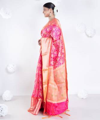 Banarasi kora cotton in sunset pink saree with patola elephant motis and contrasting border 2
