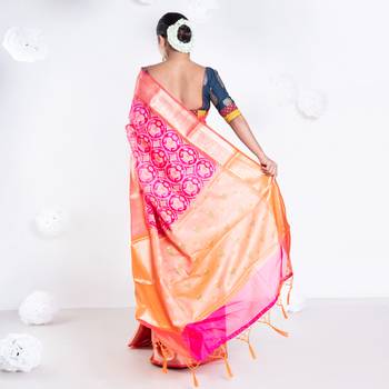 Banarasi kora cotton in sunset pink saree with patola elephant motis and contrasting border 3