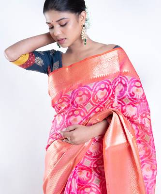 Banarasi kora cotton in sunset pink saree with patola elephant motis and contrasting border 4