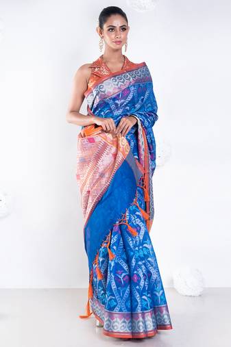 Varanasi chanderi saree in blue color with tree motifs and golden border