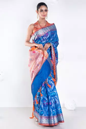 Varanasi chanderi saree in blue color with tree motifs and golden border