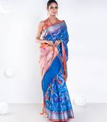 Varanasi chanderi saree in blue color with tree motifs and golden border