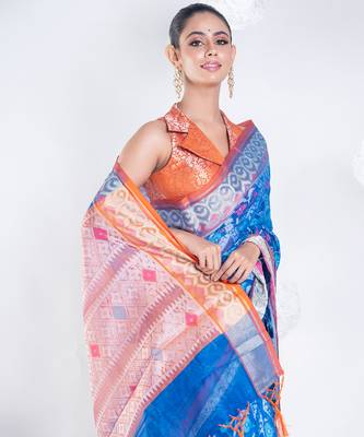 Varanasi chanderi saree in blue color with tree motifs and golden border 2