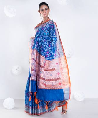 Varanasi chanderi saree in blue color with tree motifs and golden border 3