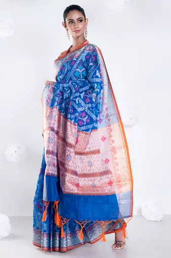 Varanasi chanderi saree in blue color with tree motifs and golden border