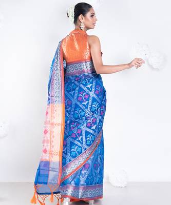 Varanasi chanderi saree in blue color with tree motifs and golden border 4