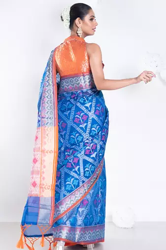 Varanasi chanderi saree in blue color with tree motifs and golden border