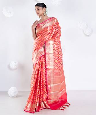 Varanasi chanderi saree in red color with tree motifs and golden border 1