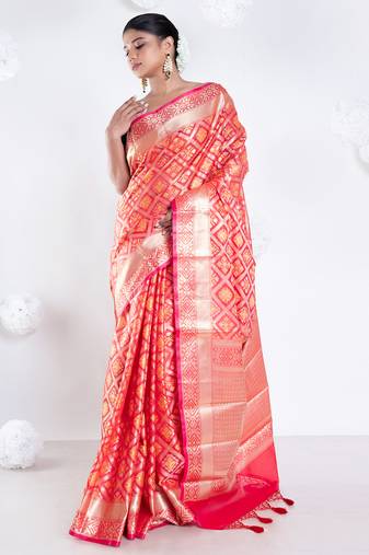 Varanasi chanderi saree in red color with tree motifs and golden border