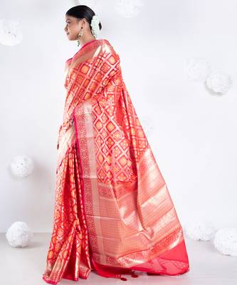 Varanasi chanderi saree in red color with tree motifs and golden border 2